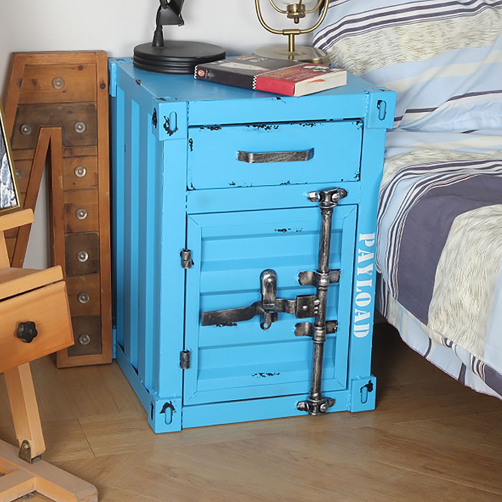 Ctainer Industrial Loft Blue Nightstand Retro Bedside Storage Cabinet with Door & Drawer