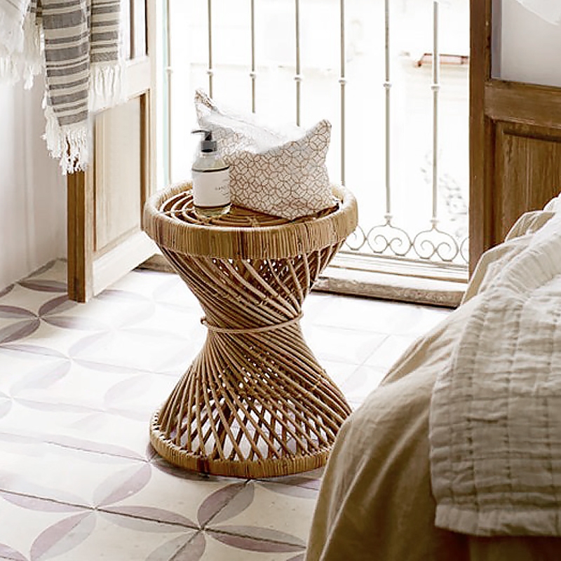 Image of 15.7" Woven Rattan End Table in Hourglass-Shaped