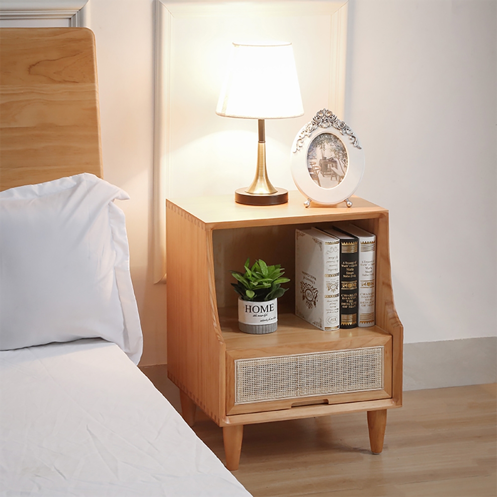 Natural nightstand nordic 1 drawer rattan woven wooden bedside table with open storage