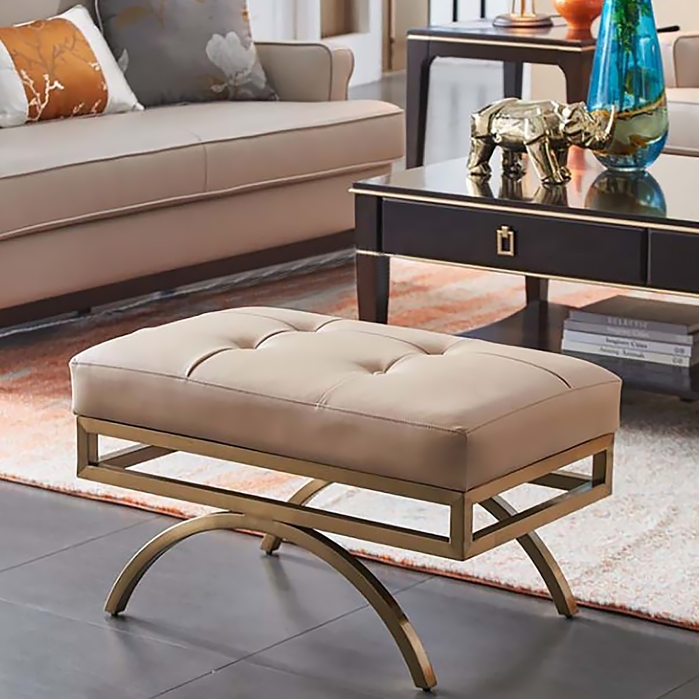 Image of Beige Stool Leather Upholstered Ottoman Stool Gold Legs