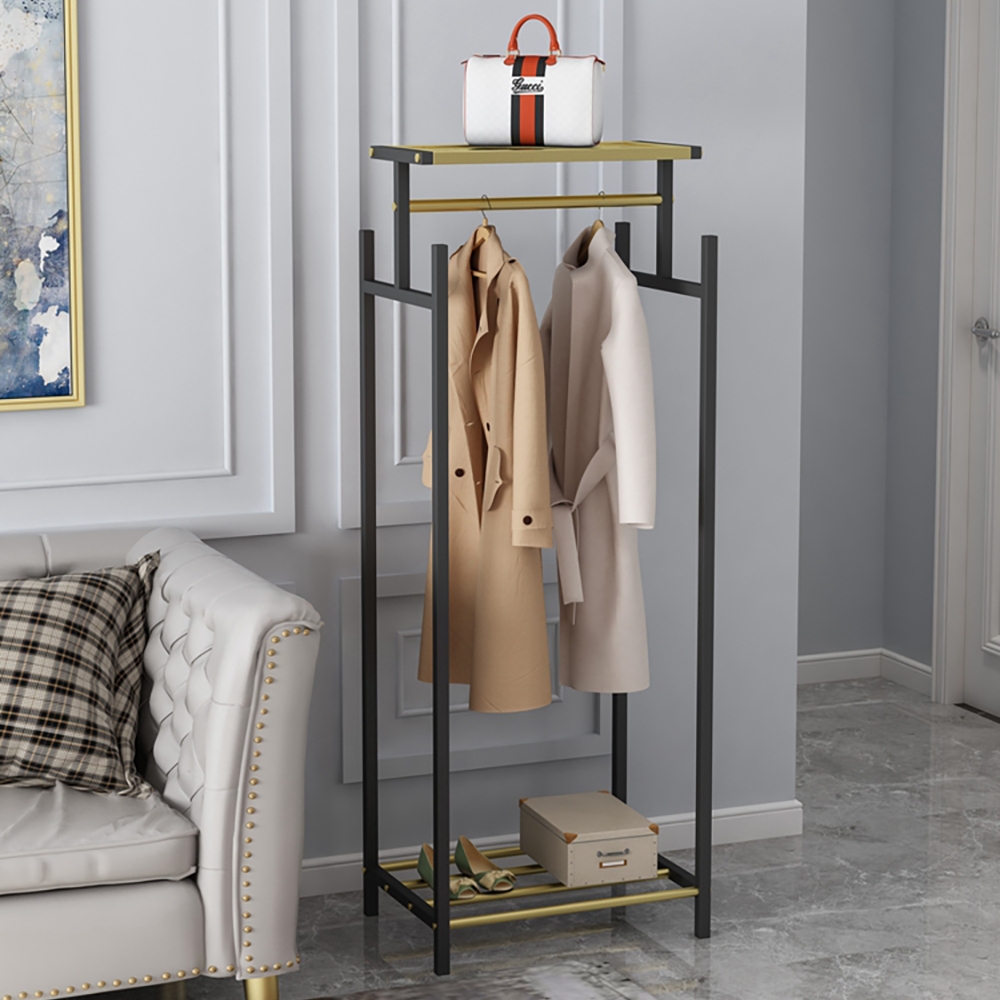 Standing Metal Cloth Rack With Shelf And Rail In Gold