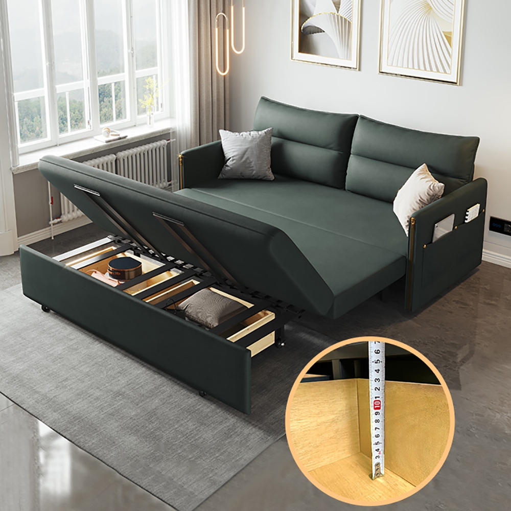 64" Schlafcouch, umwandelbares Sofa mit Ablage, Lederpolsterung, Grün