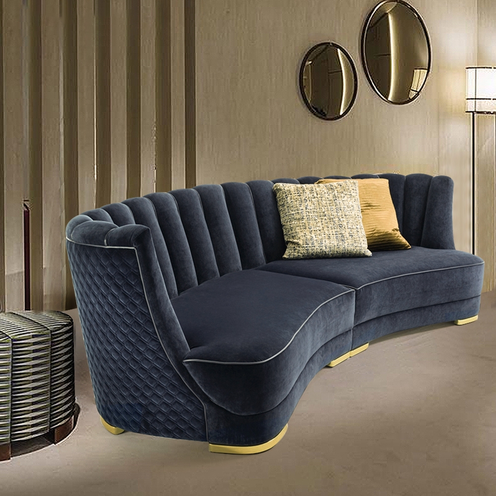 Image of 102.4" Blue Velvet Upholstered Sofa Sectional Sofa in Gold Base
