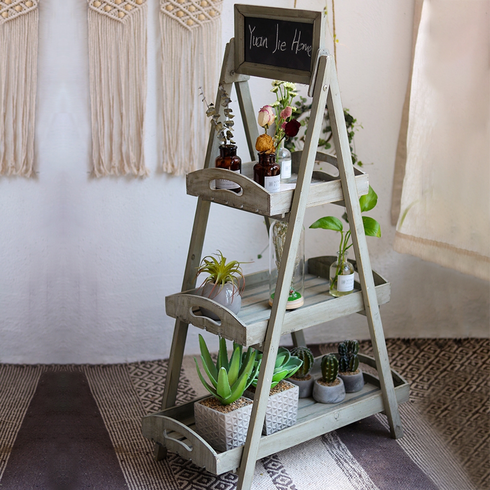 3-tier Triangular Plant Stand Wooden Ladder Shelf With Blackboard