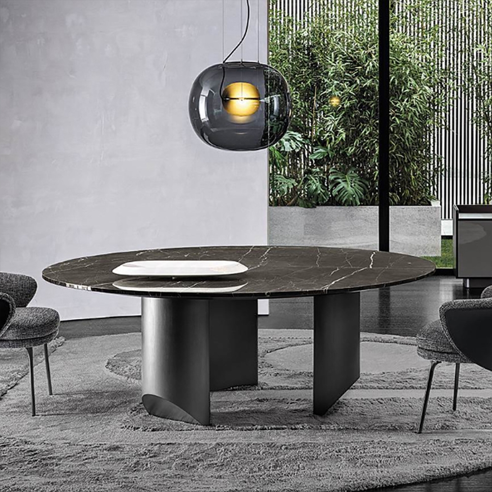 51.2"modern Black Round Dining Table With Marble Top & Carbon Steel Trestle