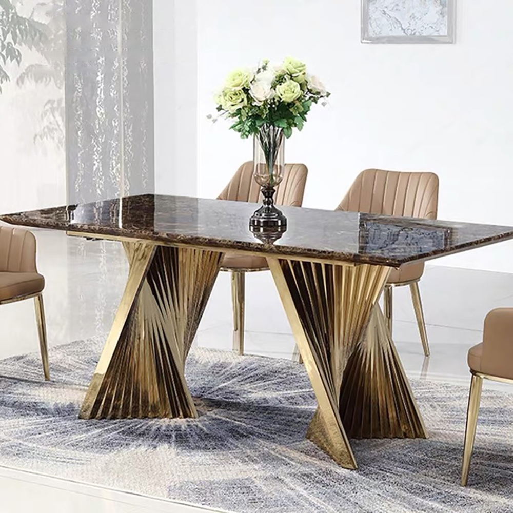 78.7" Espresso Modern Dining Table with Marble Top & Stainless Steel Pedestal Rectangle