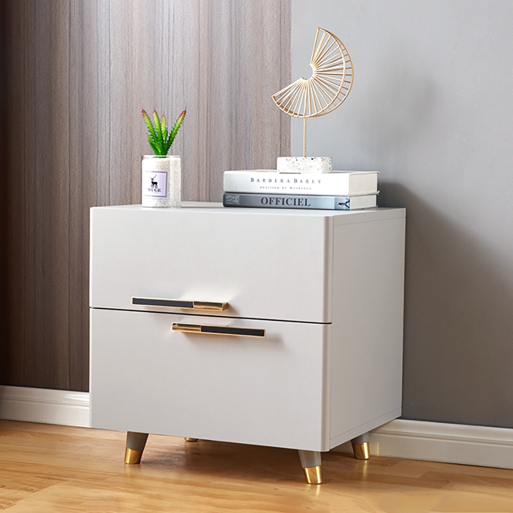 Grayish white nightstand modern 2 drawer bedside table gold pulls