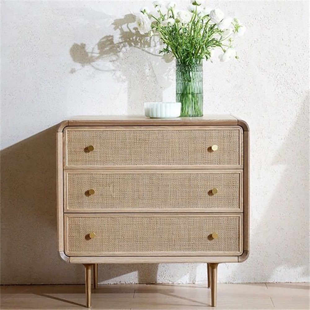 Nordic natural cabinet 3 drawer chest rattan woven in gold