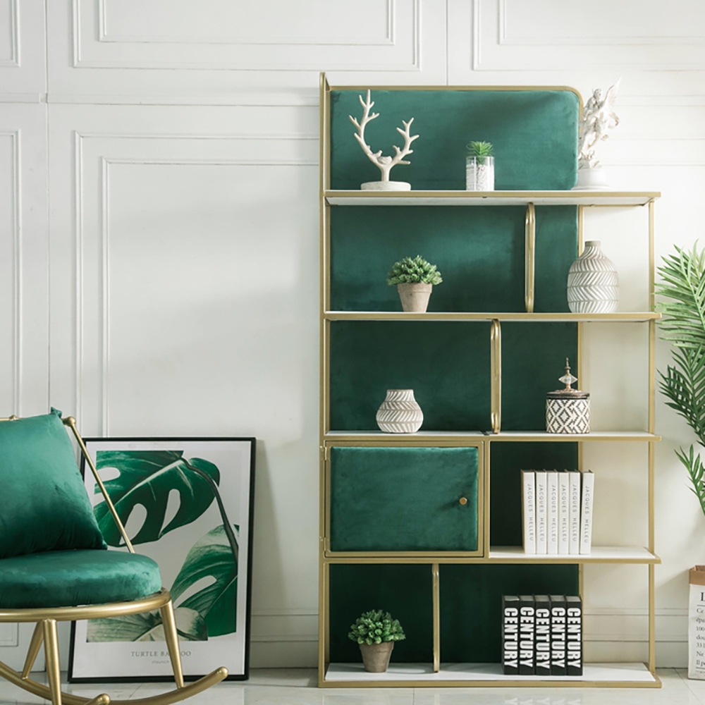5Tiers Freestanding Gold Bookshelf with Door in GreenHomary
