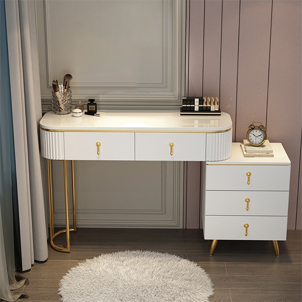 Modern white oval extendable makeup vanity with 5 drawer side cabinet included in small