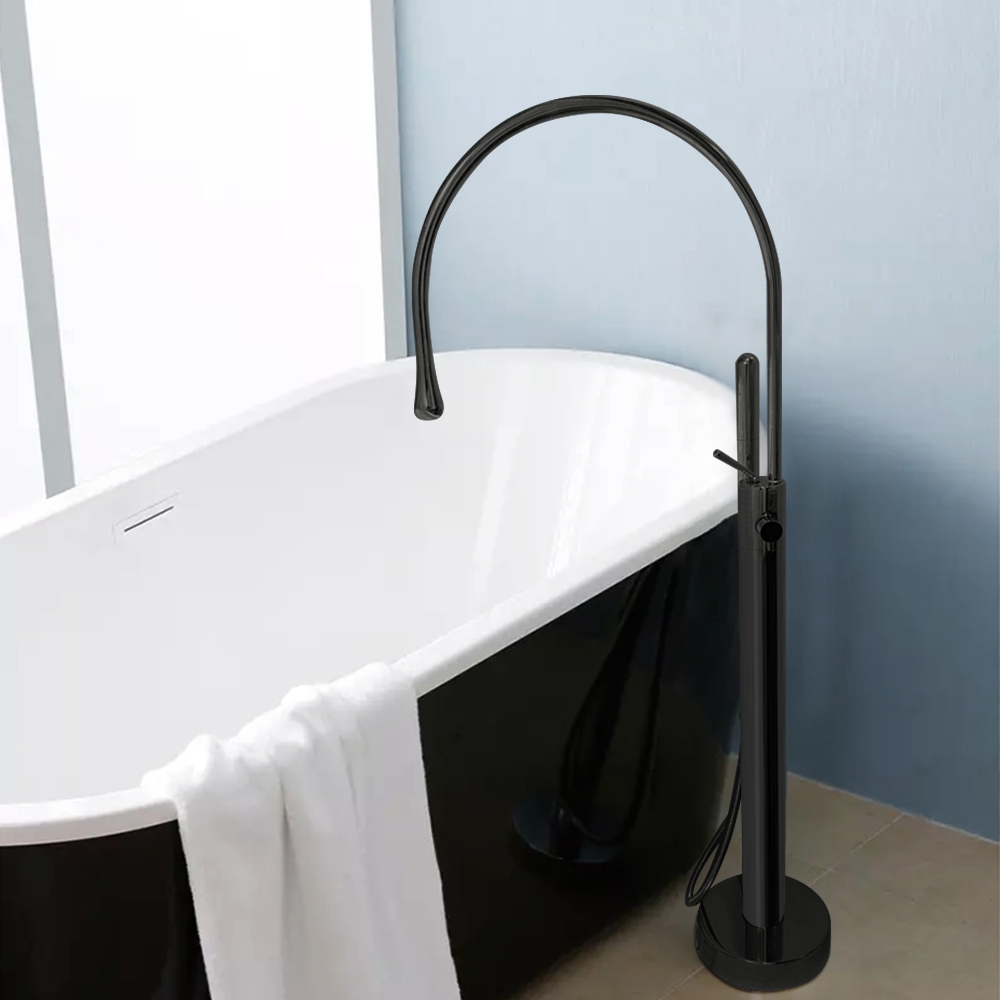 Black Freestanding Bathtub Filler Gooseneck Modern Bathtub Faucet Floor Mount With Handshower