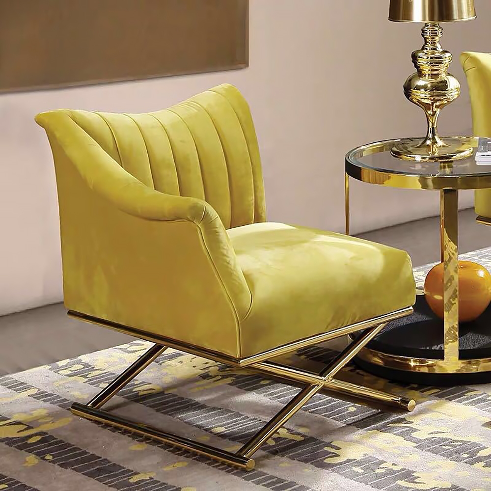 Glam Yellow Velvet-upholstered Accent Chair in Gold Legs Style in A Right Side Chair