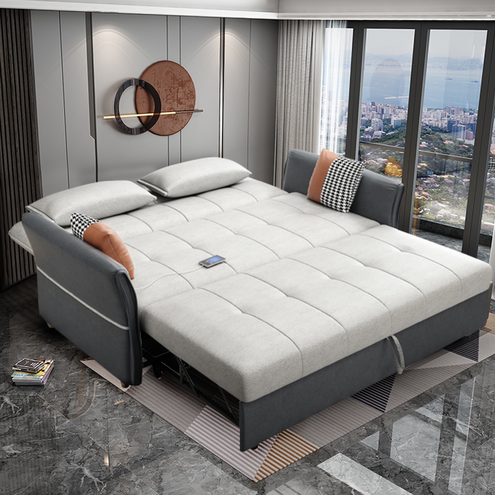 82.7" Gray&white Full Sleeper Sofa Upholstered Leath-aire Convertible Storage Sofa