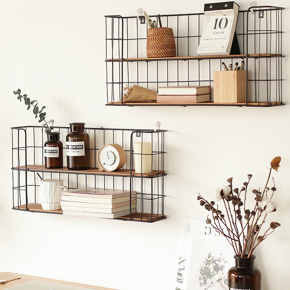 Rustic Modern Wall Mounted Shelf in Black & Natural