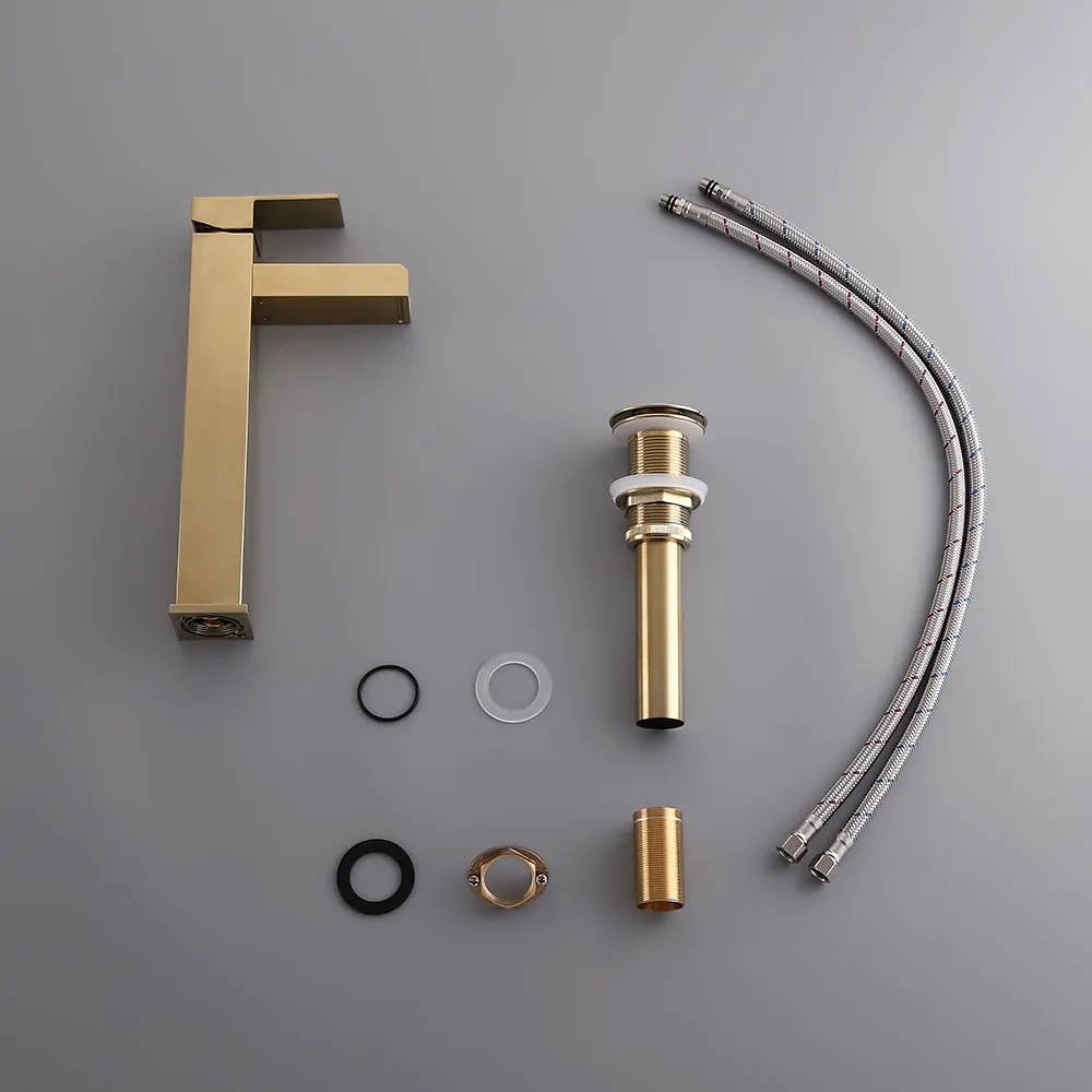 Brushed Gold Single Handle Waterfall Bathroom Vessel Sink Faucet Solid Brass Modern