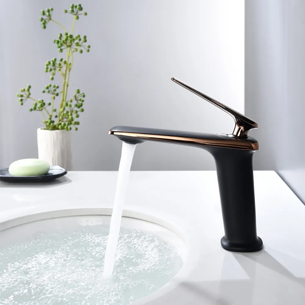 Image of Black and Gold Single Hole Single Handle Solid Brass Bathroom Sink Faucet