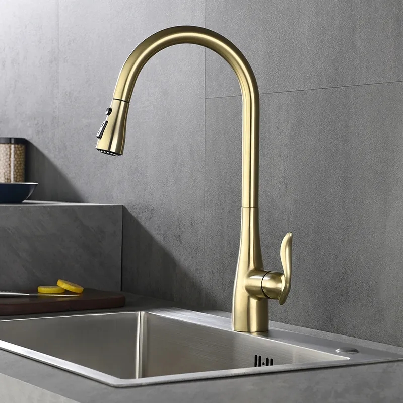 

Modern Pull Out Kitchen Faucet Single Handle Swirling Spout Brushed Gold
