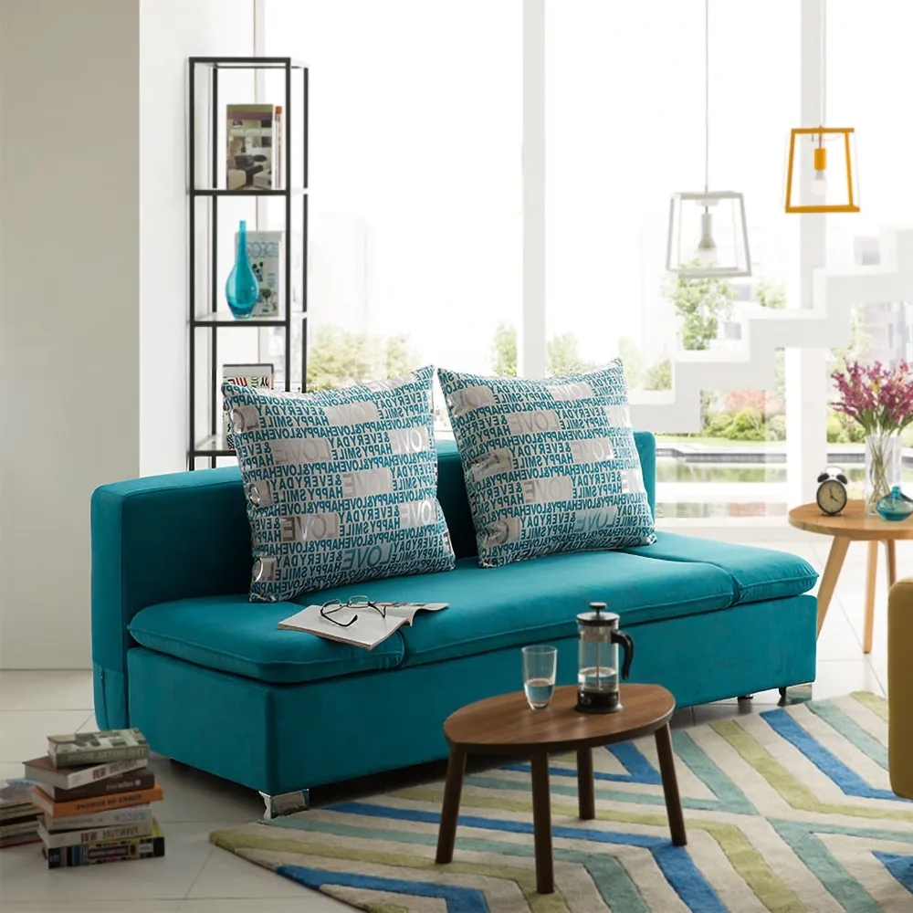 Full Sleeper Sofa Sky Blue Upholstered Convertible Sofa With Storage 3 Function