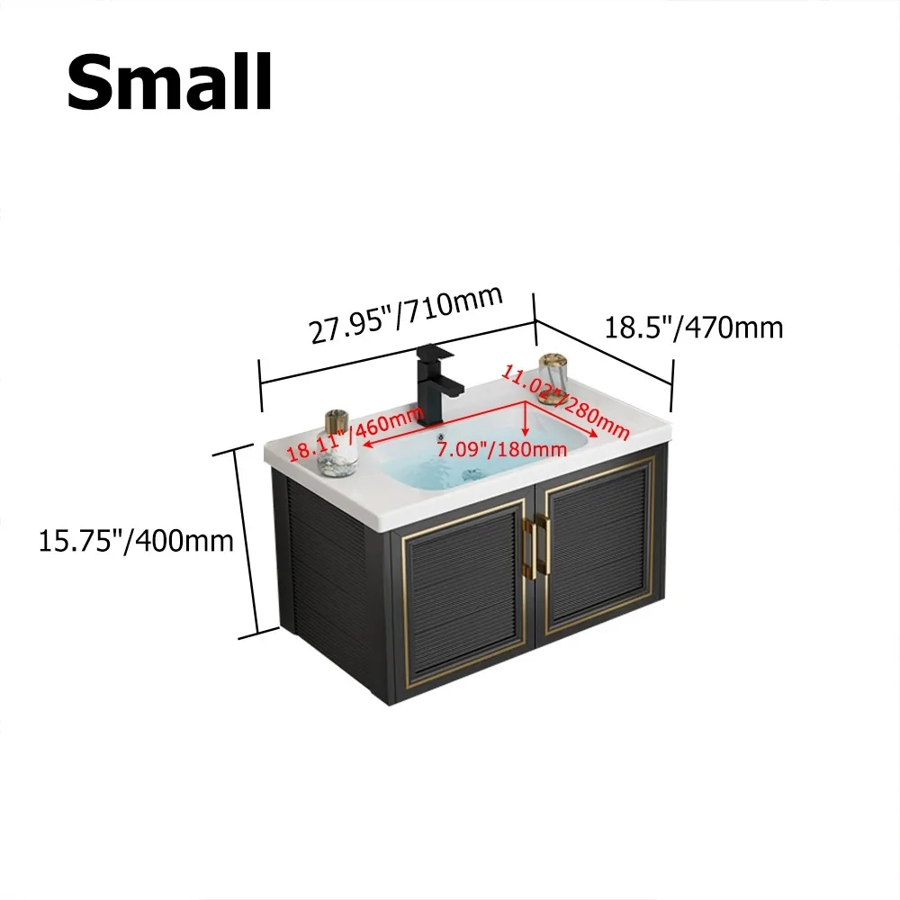 710mm Black Floating Bathroom Vanity Set Drop-In Ceramic Basin with Cabinet