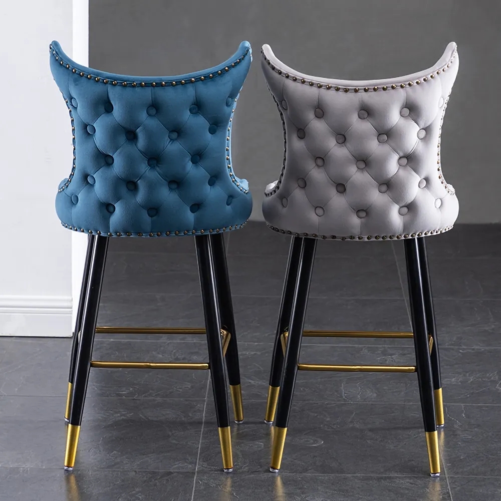 Grey Counter Height Bar Stool Velvet Upholstery with Tufted Back Set of 2