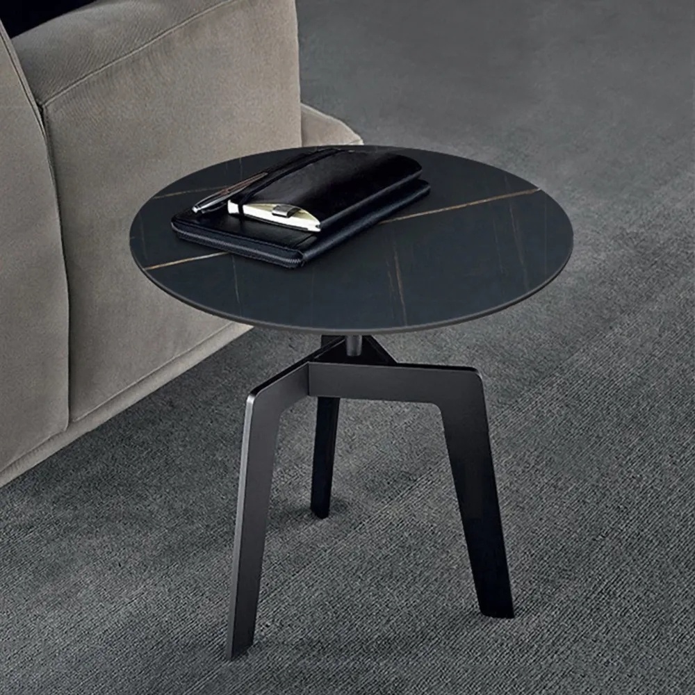 Modern Black Stone End Table Round Side Table Black Carbon Steel Base