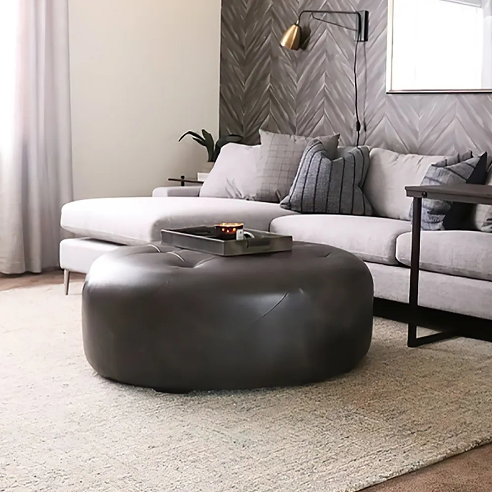 

Black 35.4''Dia Ottoman Round Stool Upholstered PU Leather Tufted Stool