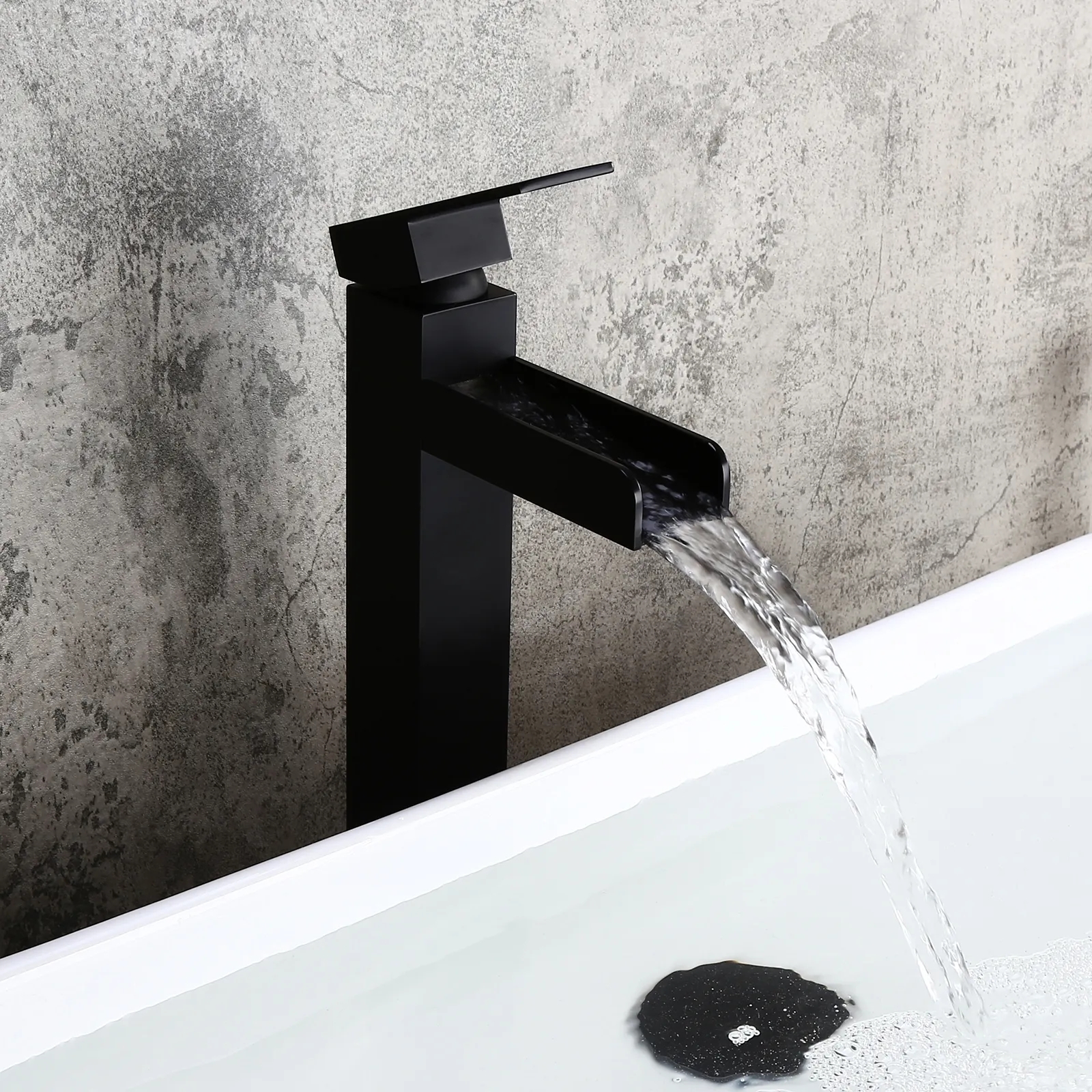 Matte Black Single Handle Waterfall Bathroom Vessel Sink Faucet Solid Brass Modern