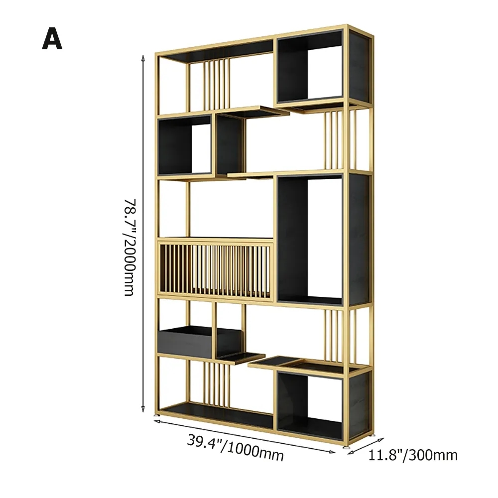79" Modern Geometric Bookshelf Black & Gold