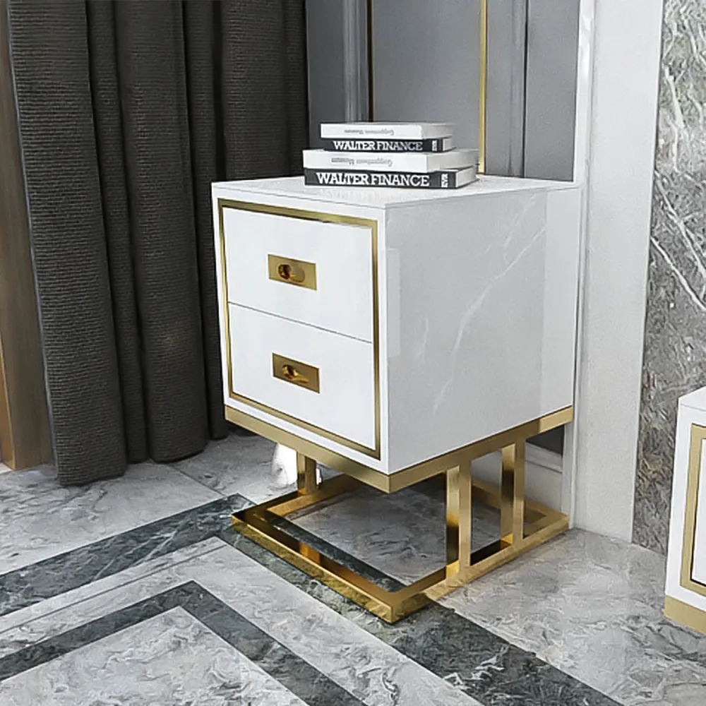 Modern white side cabinet with tempered glass top lacquered 2 drawers gold finish