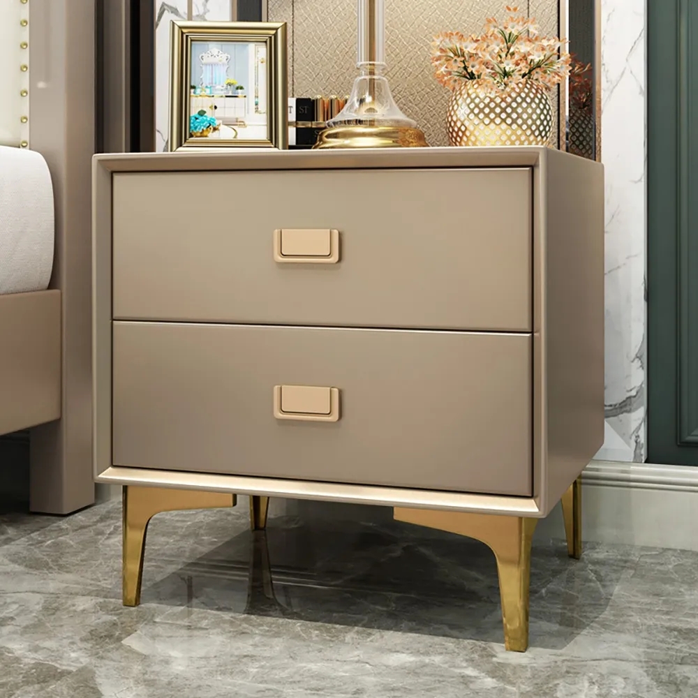 Modern Champagne Bedside Table 2 -Drawer Nightstand in Gold Finish