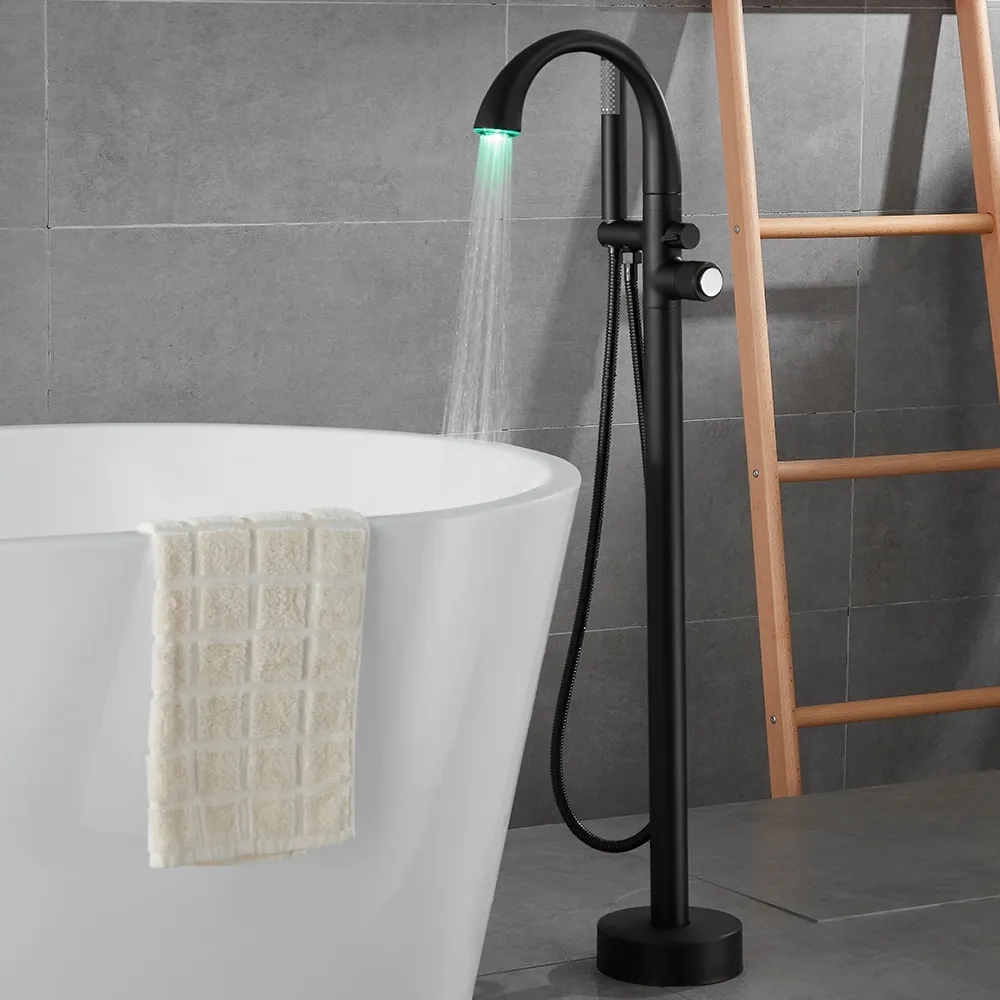 Grifo de baño independiente LED con ducha de mano Caño de relleno de arco alto latón macizo