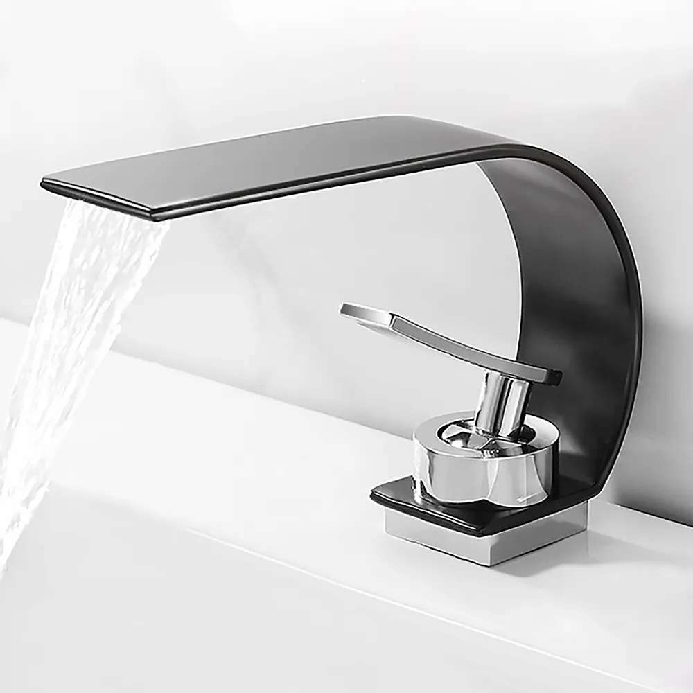 Single Lever Handle Waterfall Arc Bathroom Mixer Tap Black & Chrome Solid Brass