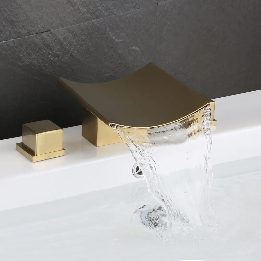 

Grop Brushed Gold Waterfall Widespread Bathroom Sink Faucet Double Handle