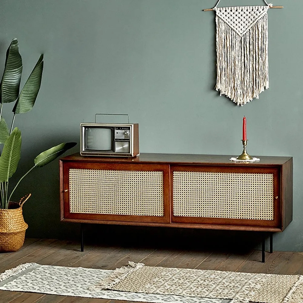 

Cottage Walnut 60 inch TV Stand with Rattan Woven Doors & Adjustable Shelves