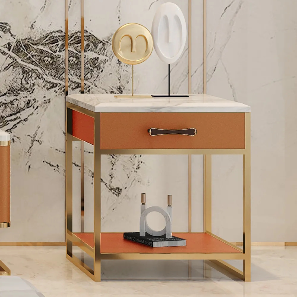 

Italian Orange Nightstand Faux Marble Top Faux Leather Upholstery Bedside Cabin