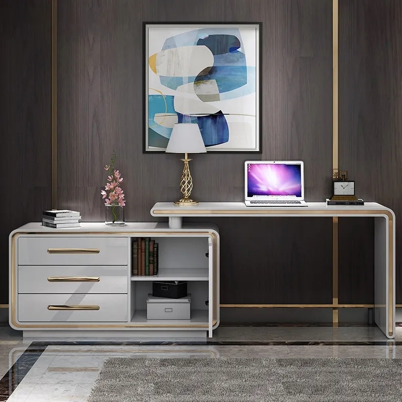 47" White L-Shaped Desk Corner Rotating Office Desk with File Cabinet