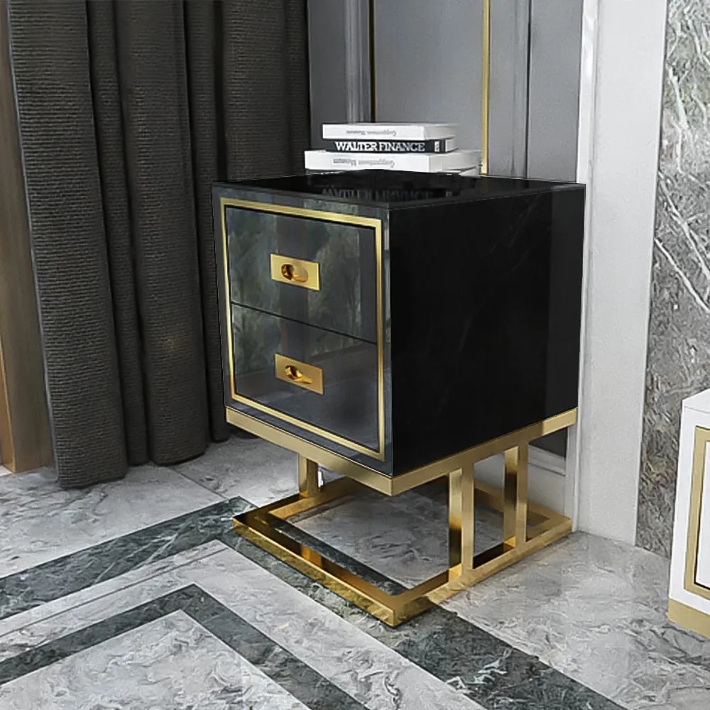 Modern black side cabinet with tempered glass top lacquered 2 drawers gold finish