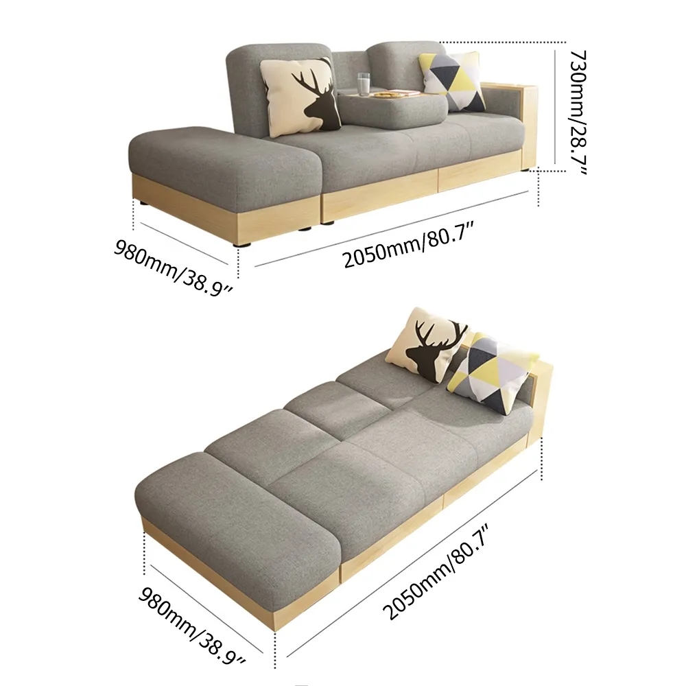2050mm Grey Modern Full Sleeper Convertible Sofa with Storage