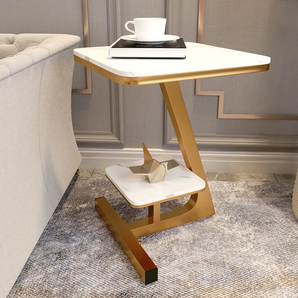 

White Square Faux Marble Side Table with Shlef End Table in Gold