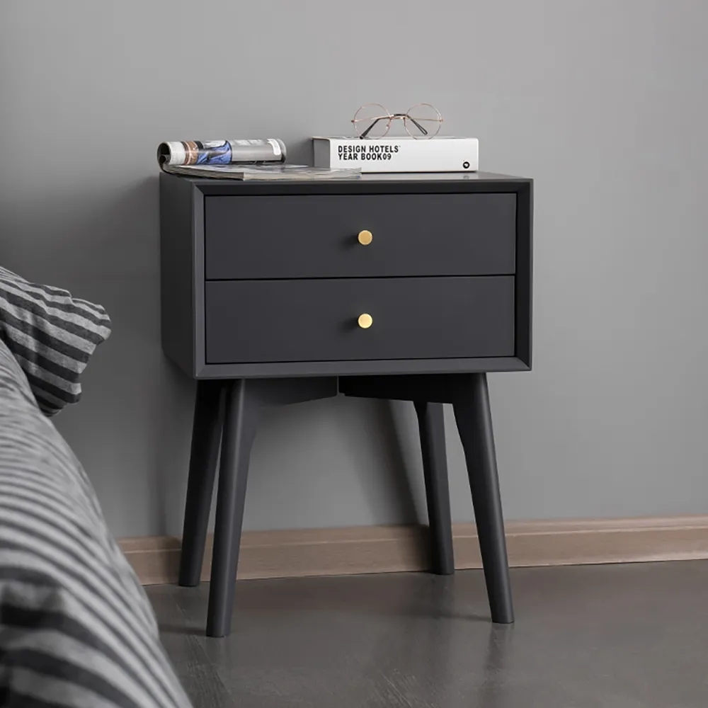 

Black Bedroom Nightstand 2-Drawer Bedside Table with High Tapered Feet