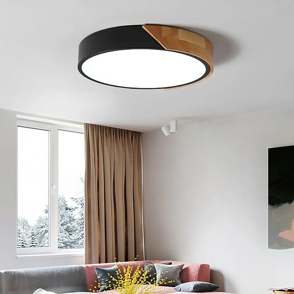 Modern LED Drum Flush Mount Ceiling Light in Black Dimmable & Remote Control