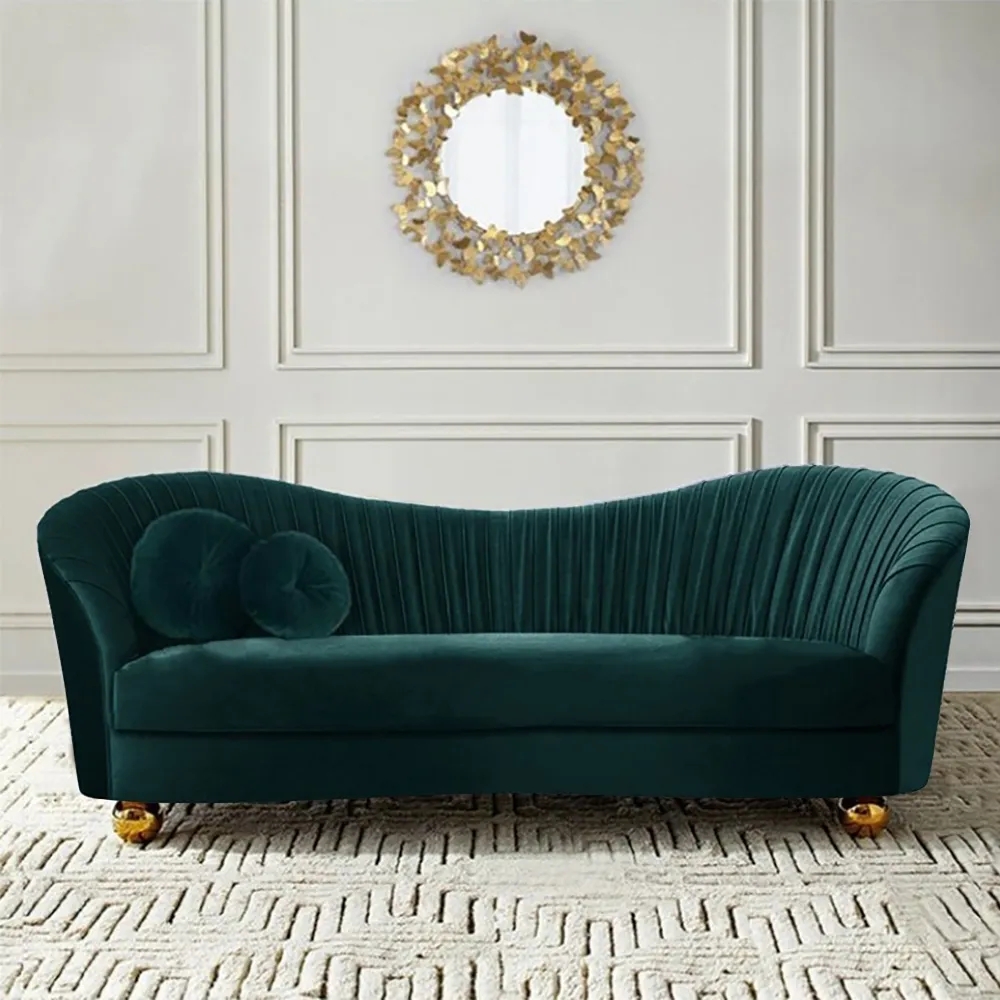 Green 78.7" Cruved Backrest Sofa Velvet Upholstered Sofa In Stainless Steel Gold Legs Sofa