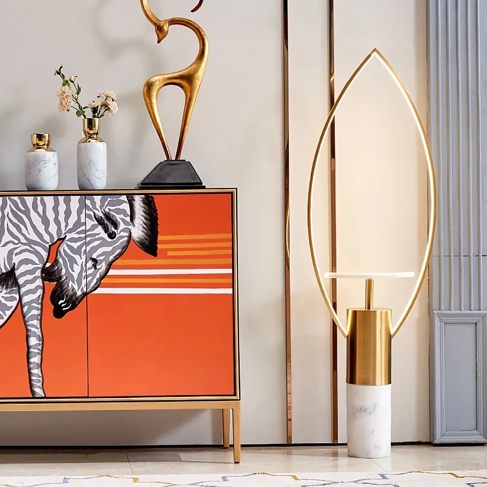 Modern Gold Floor Lamp with Shelves Table LED and Marble Base Candle