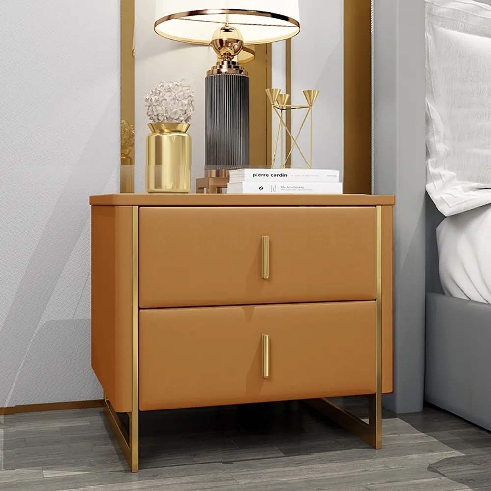 Modern Orange Nightstand 2-Drawer Faux Leather Bedside Table in Gold