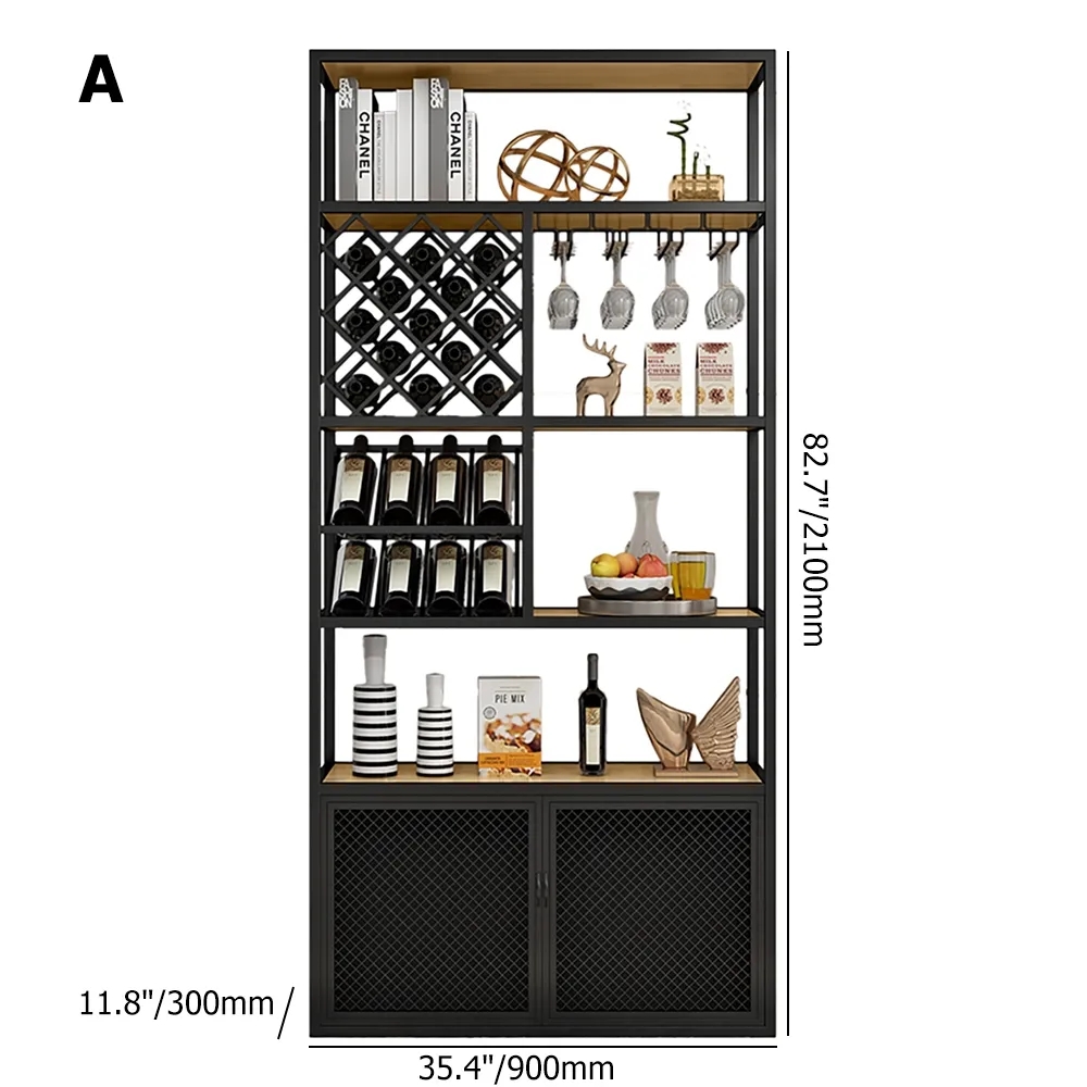 Industrial Tall Wine Rack Floor Home Bar Cabinet with Glass Rack & Bottle Holder