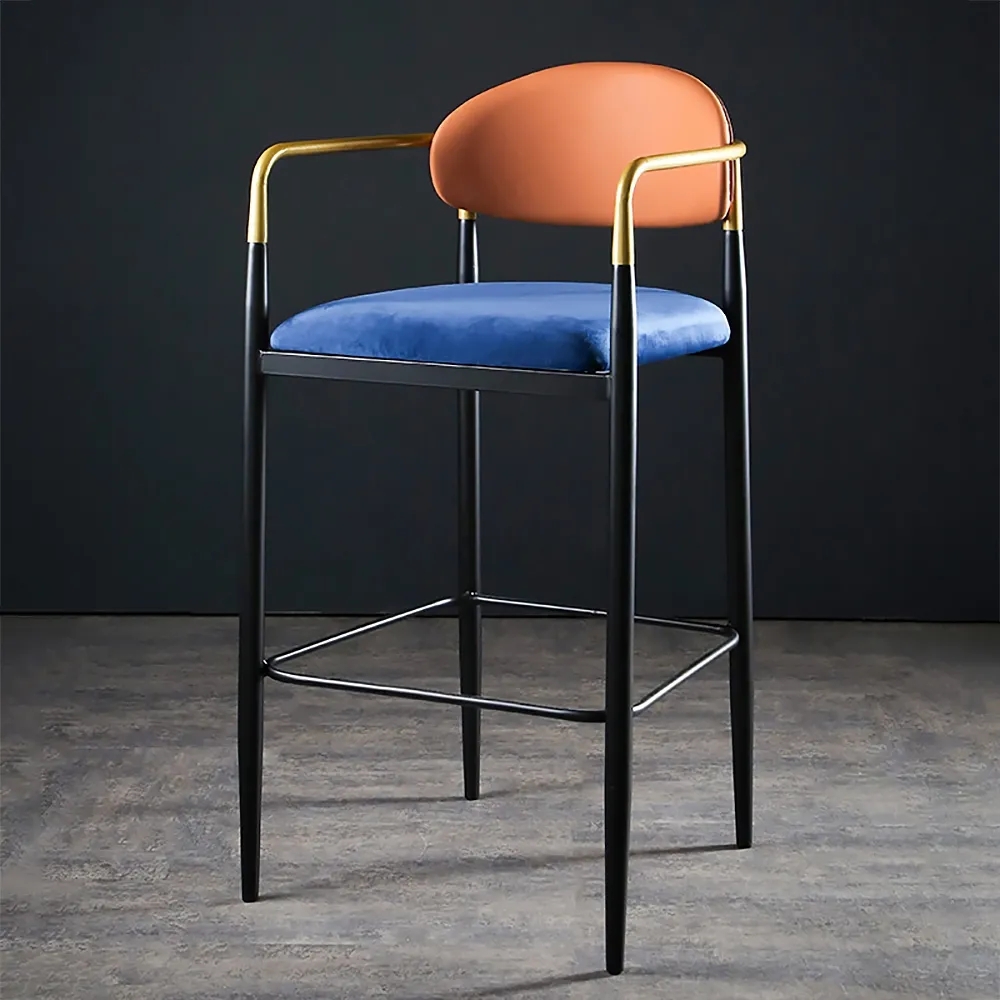 Image of Orange Velvet Upholstered Gold Bar Stool Mid-Century Counter Height Arm Chair