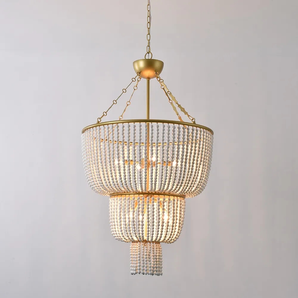 

Modern 2-Tier White Ceramic Beads Gold Metal Frame  Chandelier in Brass