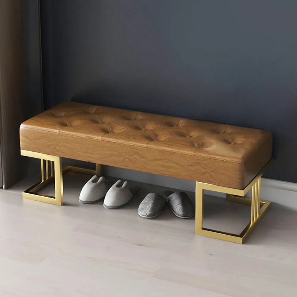 Tufted Bench Upholstered Bench Entryway PU Leather Modern Bench in Gold Legs