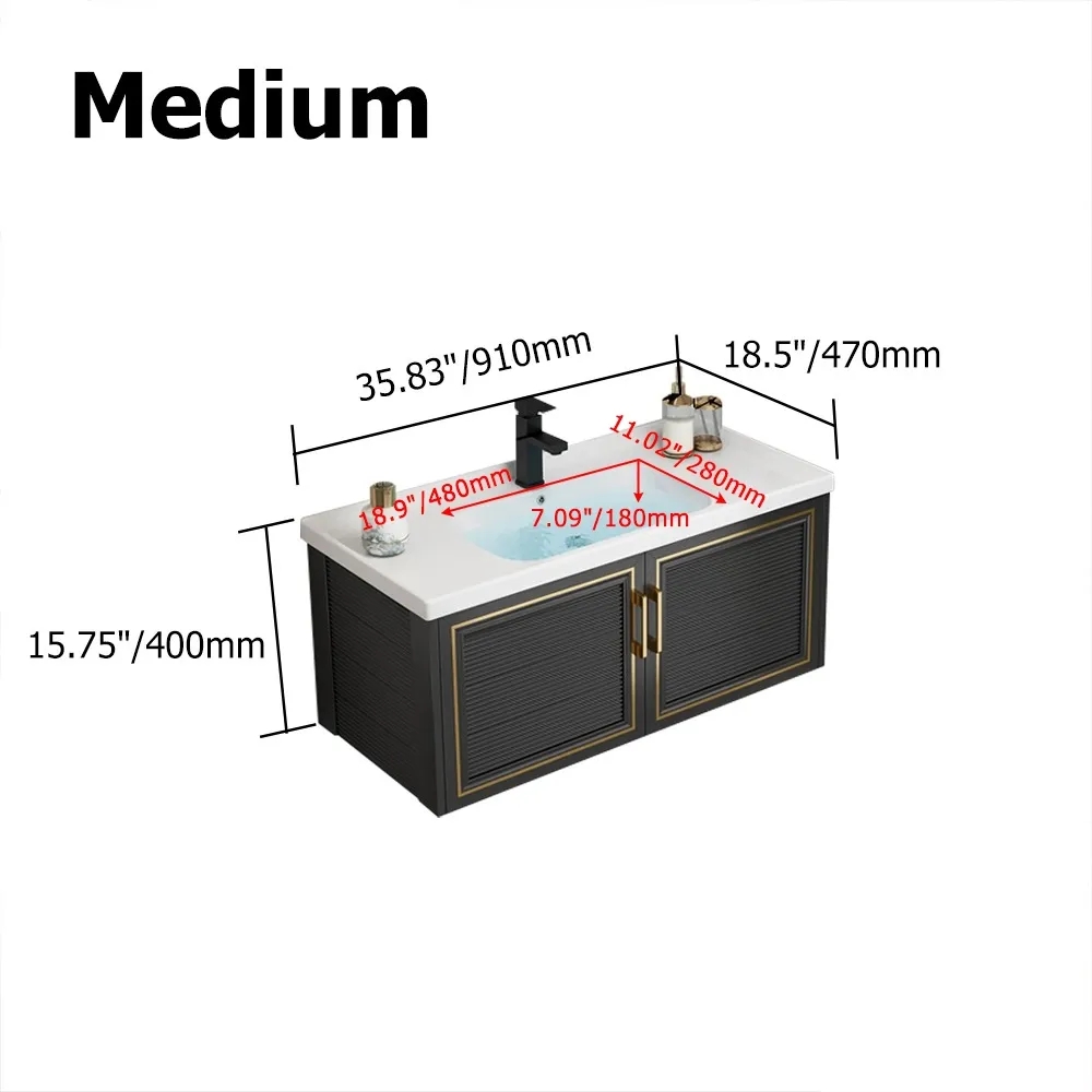 910mm Black Floating Bathroom Vanity Set Drop-In Ceramic Basin with Cabinet