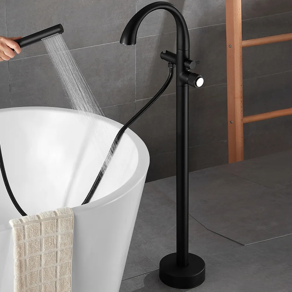 LED Freestanding Bath Tap with Handheld Shower High-Arc Filler Spout Solid Brass